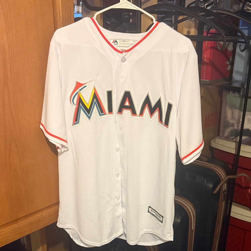 Majestic White Miami Giancarlo Stanton Button-Up Jersey